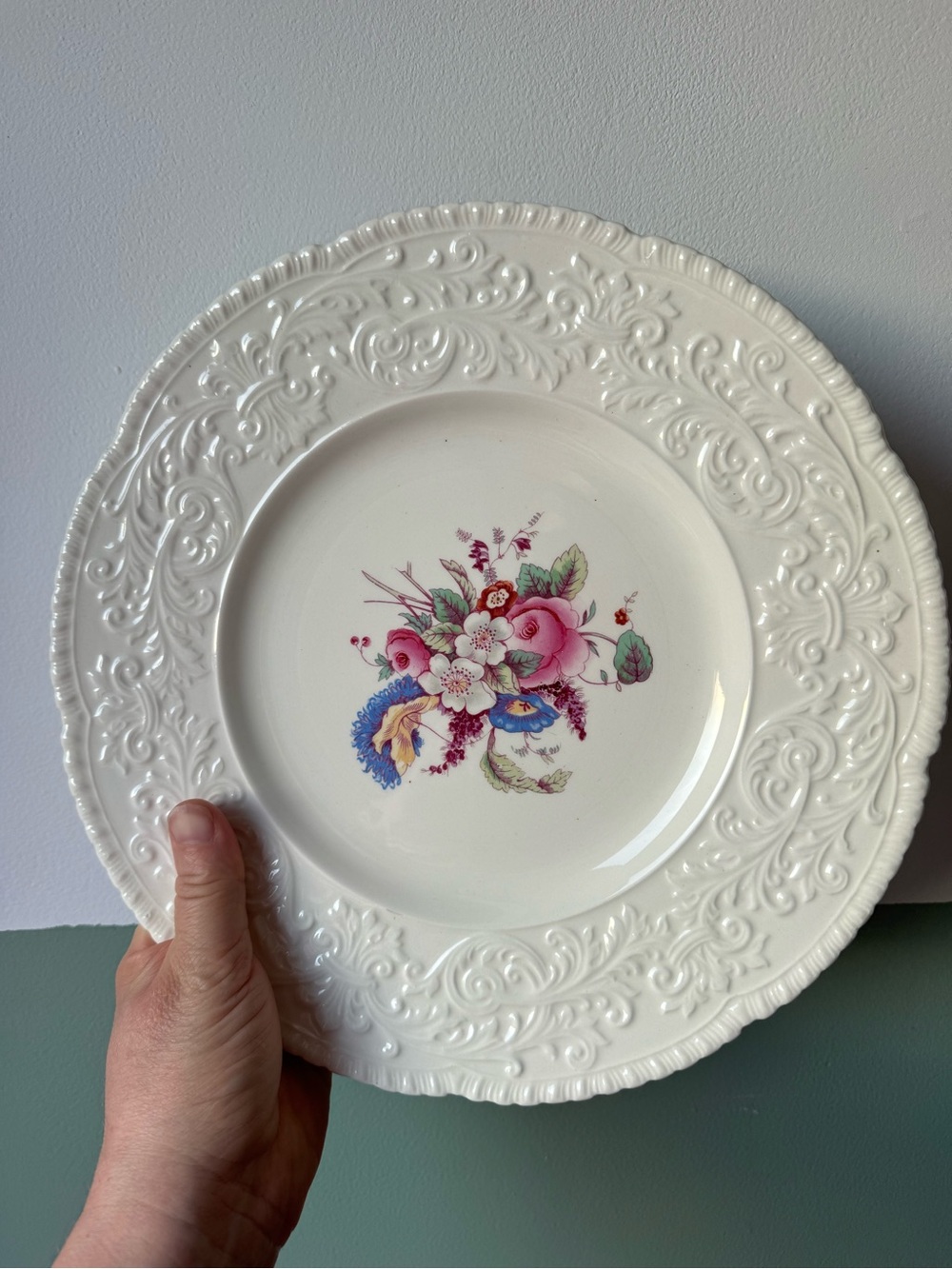 Royal Cauldon White Embossed Ceramic Dinner Plate with Pink Floral Center